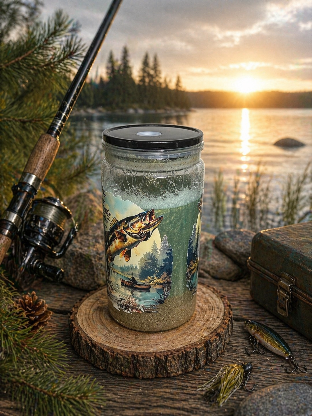 “Work Hard, Fish Harder™ Lake Life Glitter Globe Tumbler”