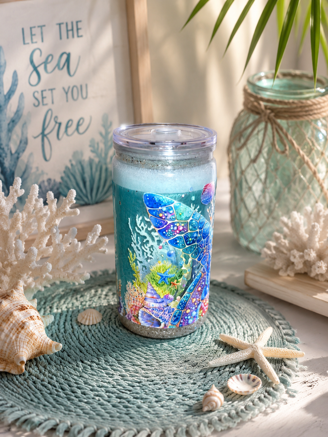 🌊 Turtle Tide GlitterSip™ | 16 oz Beach Flow Snow Globe Tumbler 🐢✨