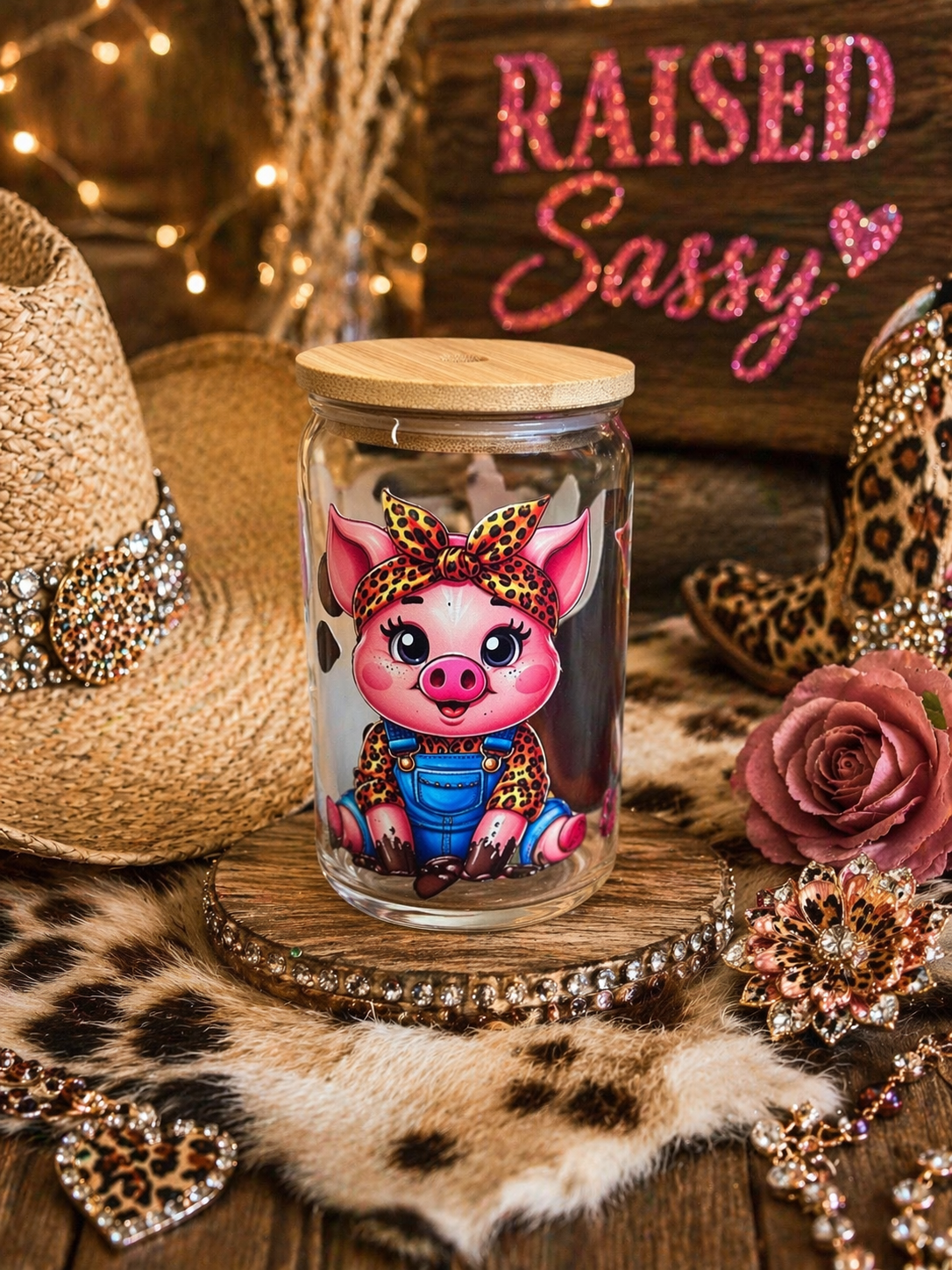 Southern Sass Piggy | 16oz Chill & Pour Glass Tumbler – Leopard Cutie Edition