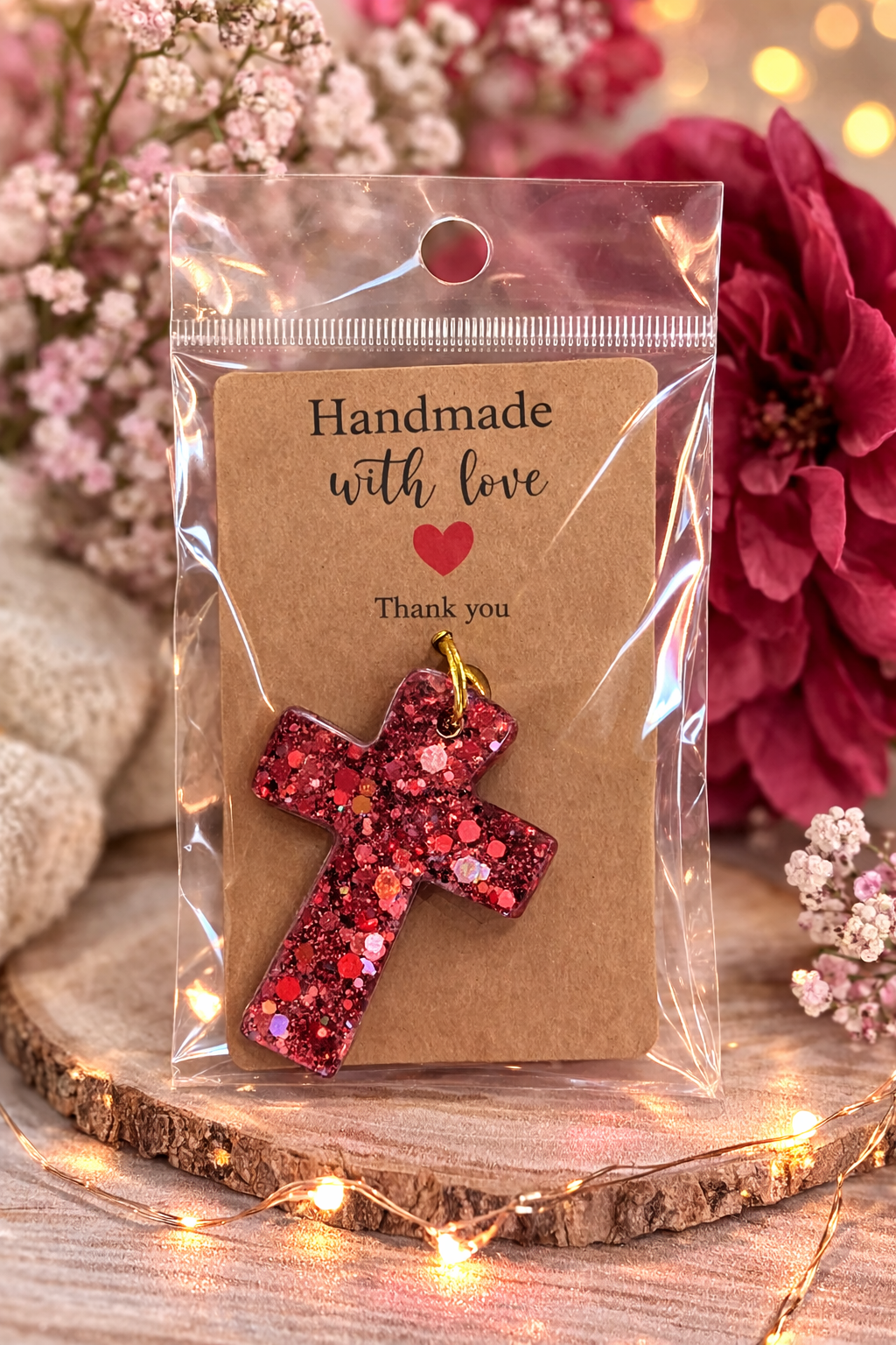 Crimson Sparkle Cross Resin Keychain – Handmade Faith Charm