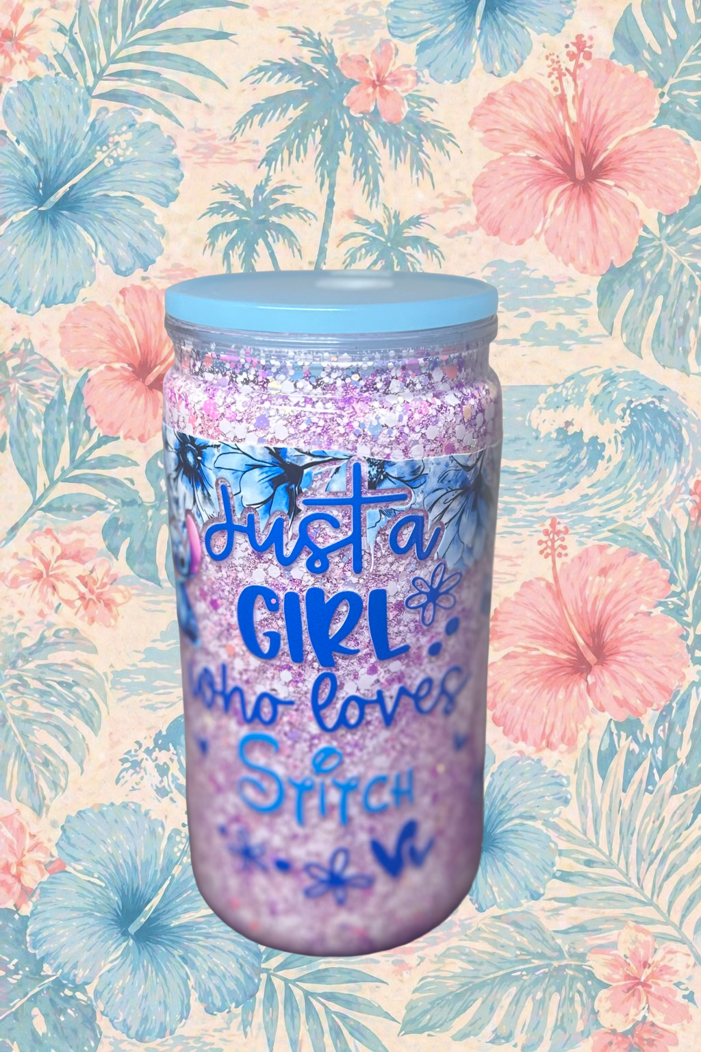 Just a Girl Who Loves Stitch โ 16 oz GlitterSip Snow Globe Tumbler ๐๐บ