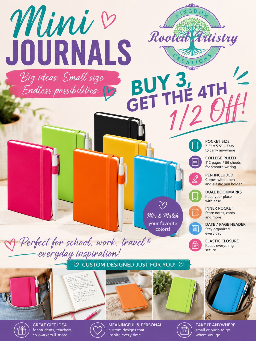 Pocket Pages™ Mix & Match Sale 📚✨
Buy 3 Custom Mini Journals, Get the 4th 50% Off!