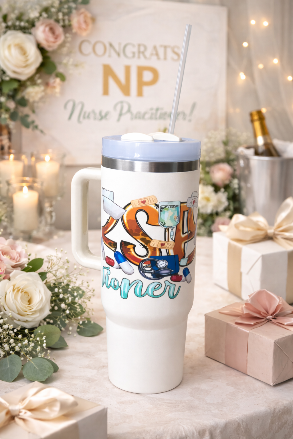 Mega Sip “NP Strong” – 40oz Ivory Nurse Practitioner Custom Tumbler