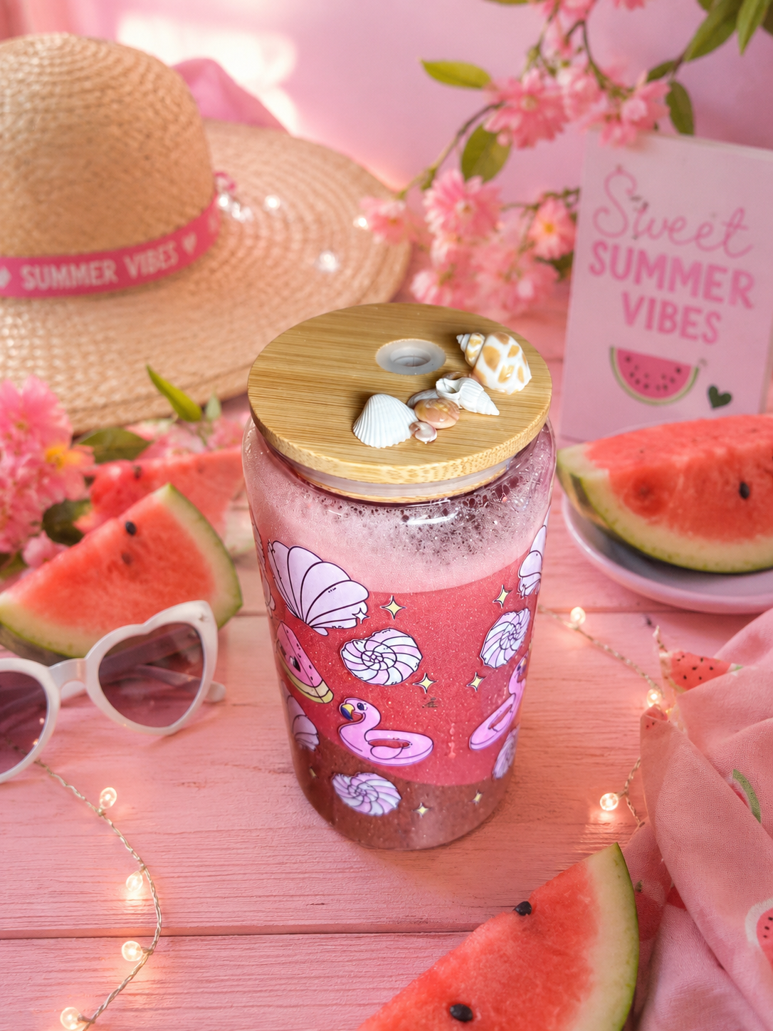 🌺 Pink Tide Paradise™ | 16 oz Crystal Sip Snow Globe Tumbler 🌊🍉