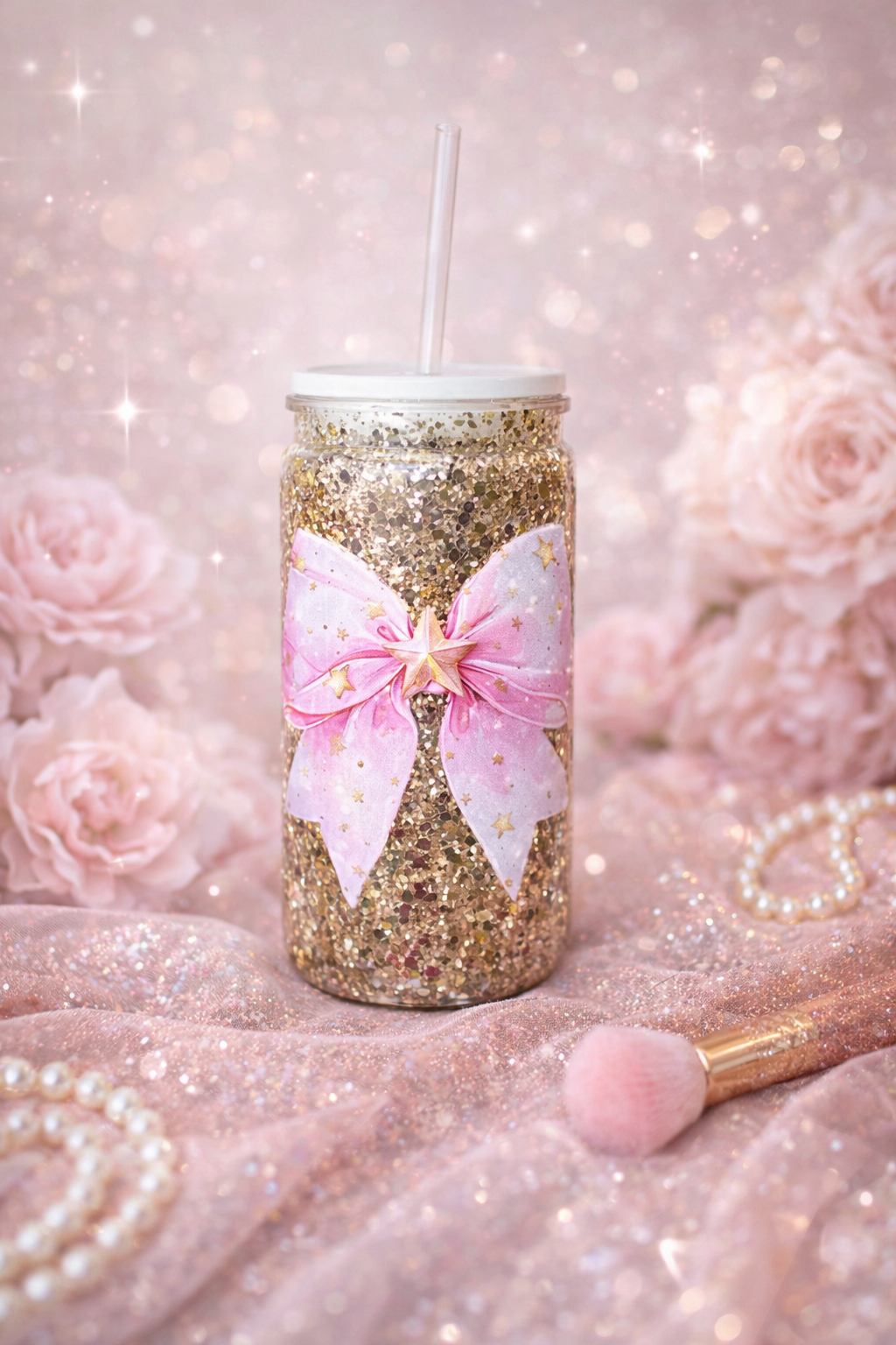 Princess Bow GlitterSip Snow Globe Can Tumbler – 16 oz Acrylic