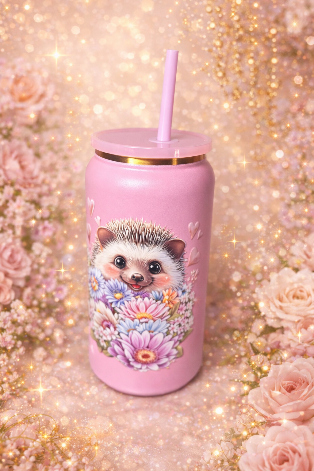 “Petal Prickle” 16 oz Golden Pop Tumbler – Sweet Hedgehog Edition