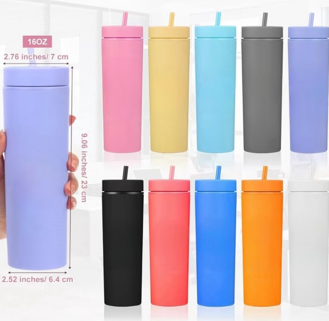 SleekSip 16oz Skinny Matte Acrylic Tumbler with Matching Straw