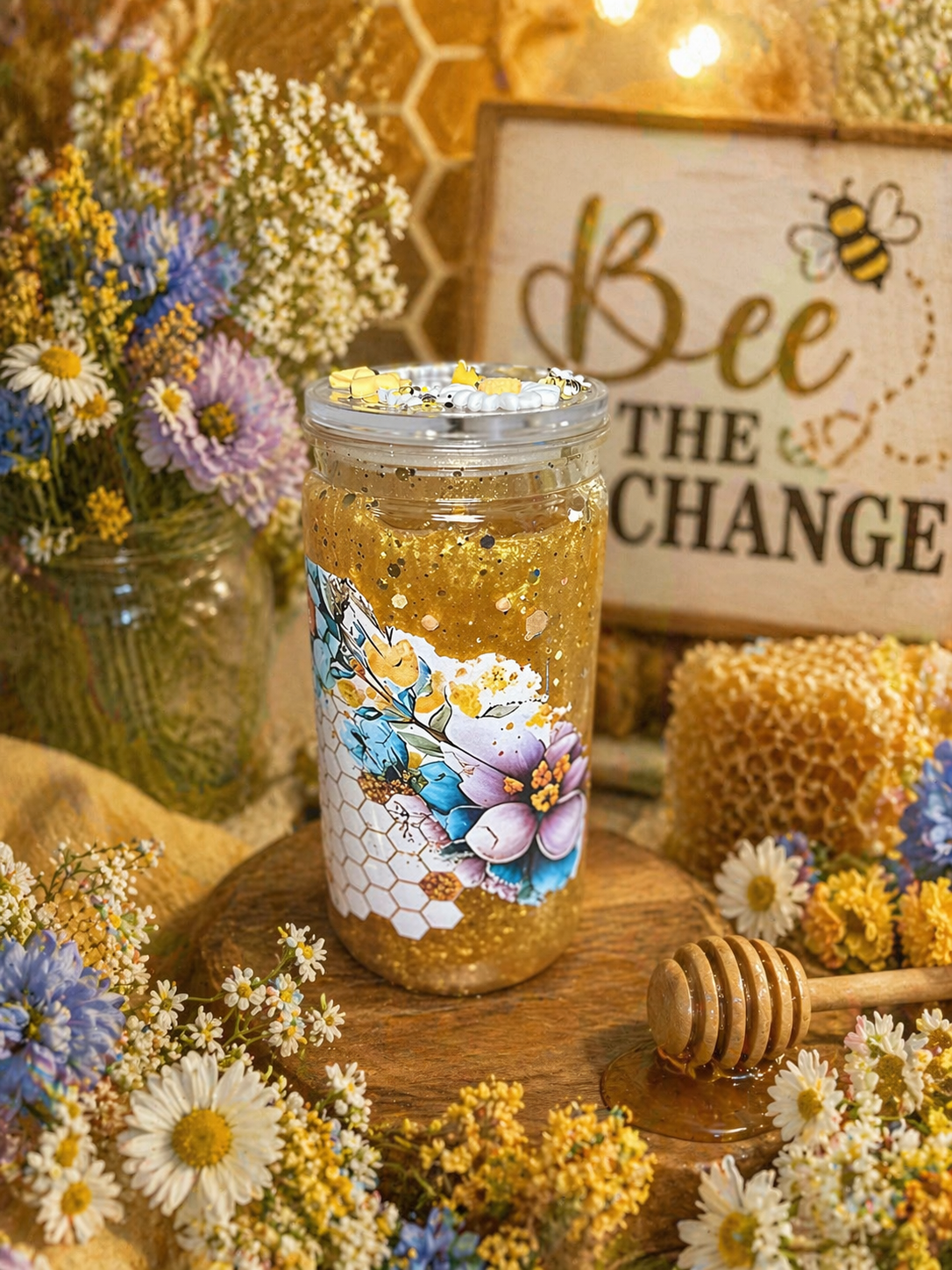 “Golden Bloom ‘Be the Change’ Honeybee Glitter Globe Tumbler”