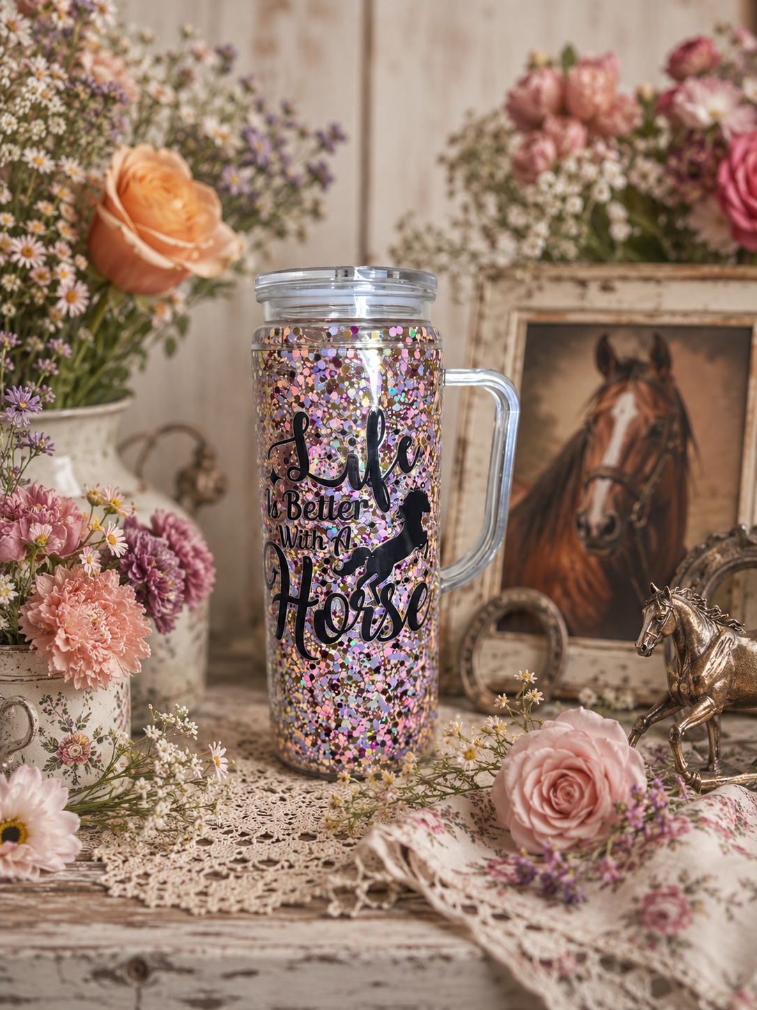 Golden Hour Gallop™ | 20 oz Handle My Sparkle Snow Globe Tumbler