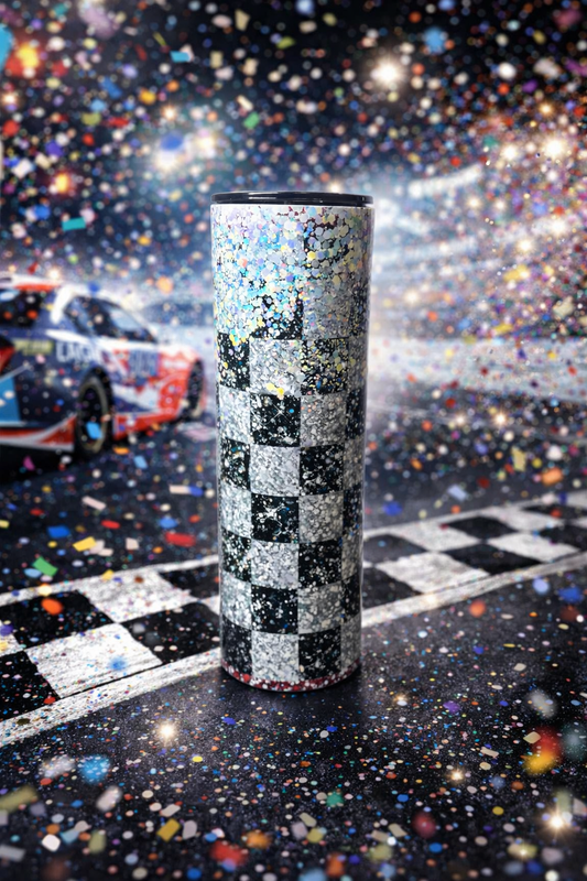 “Fast Lane Glam” Checkered Sparkle Tumbler 🖤✨