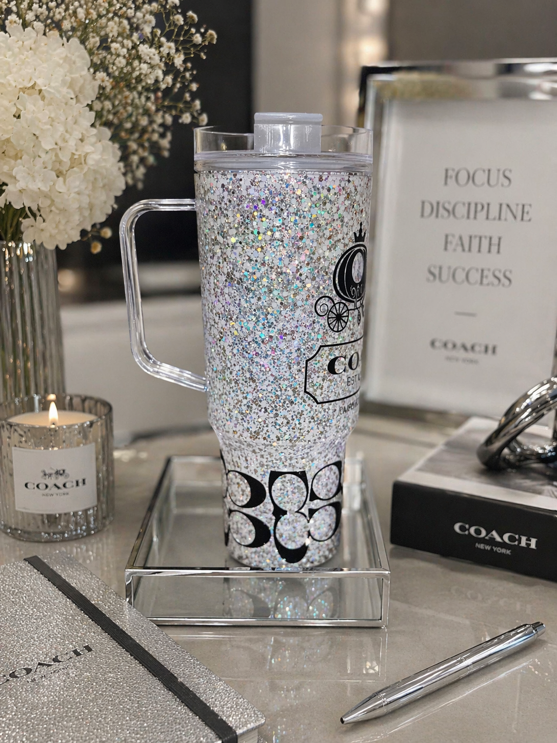 Silver Luxe Coach ChillWave ✨ | 40 oz Designer Inspired Snow Globe Tumbler