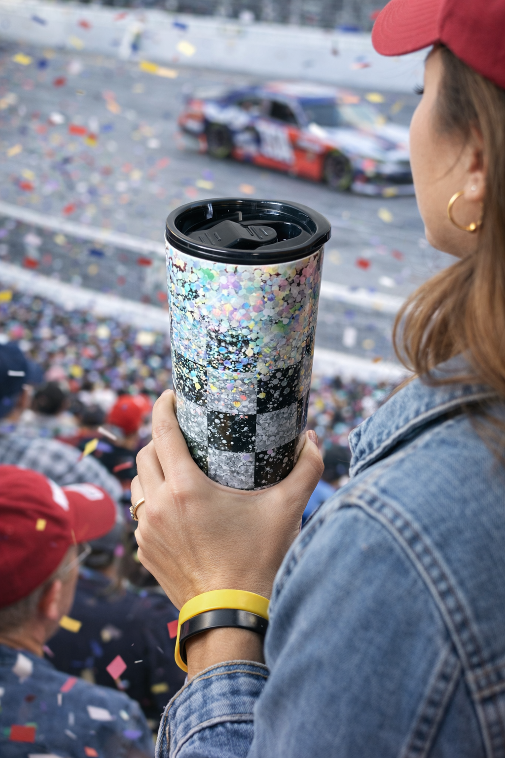 “Fast Lane Glam” Checkered Sparkle Tumbler 🖤✨