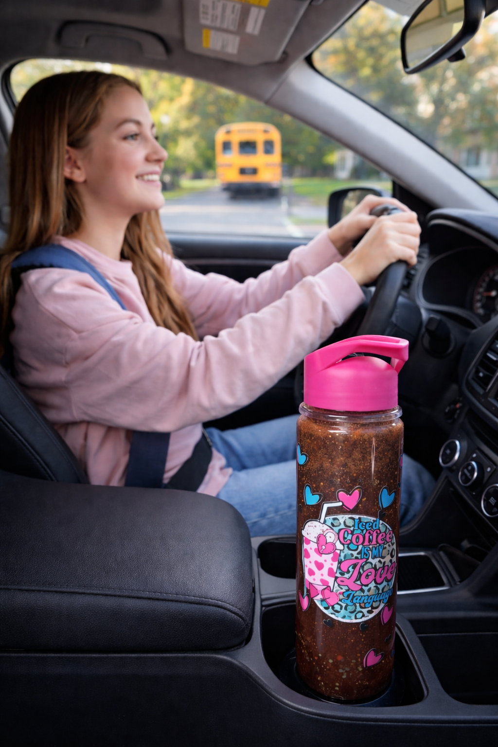 GlitterSip™ Iced Coffee Lover – 18oz Glory Flow Snow Globe Bottle (Hot Pink Edition)