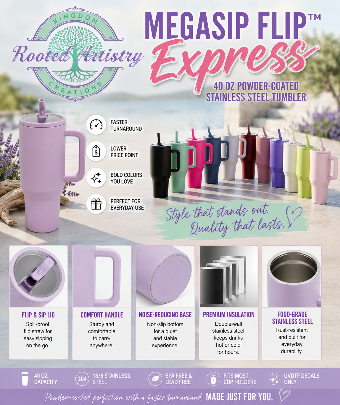 MegaSip Flip™ Express | 40 oz Powder-Coated Stainless Steel Tumbler
