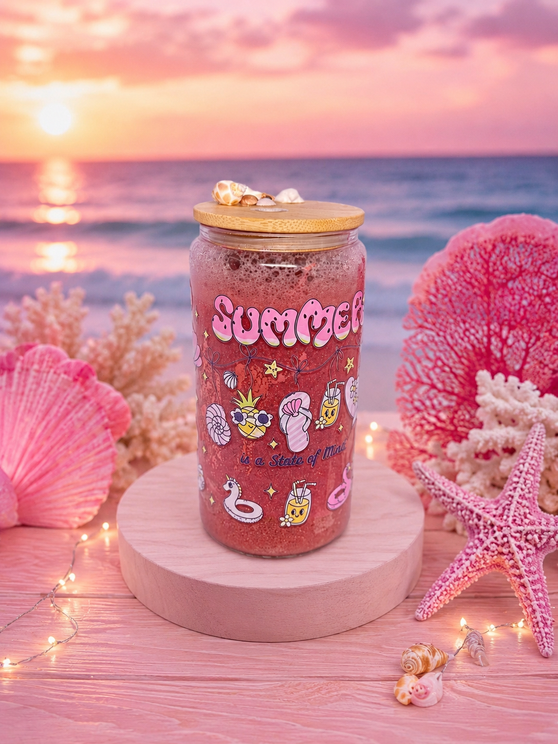 🌺 Pink Tide Paradise™ | 16 oz Crystal Sip Snow Globe Tumbler 🌊🍉