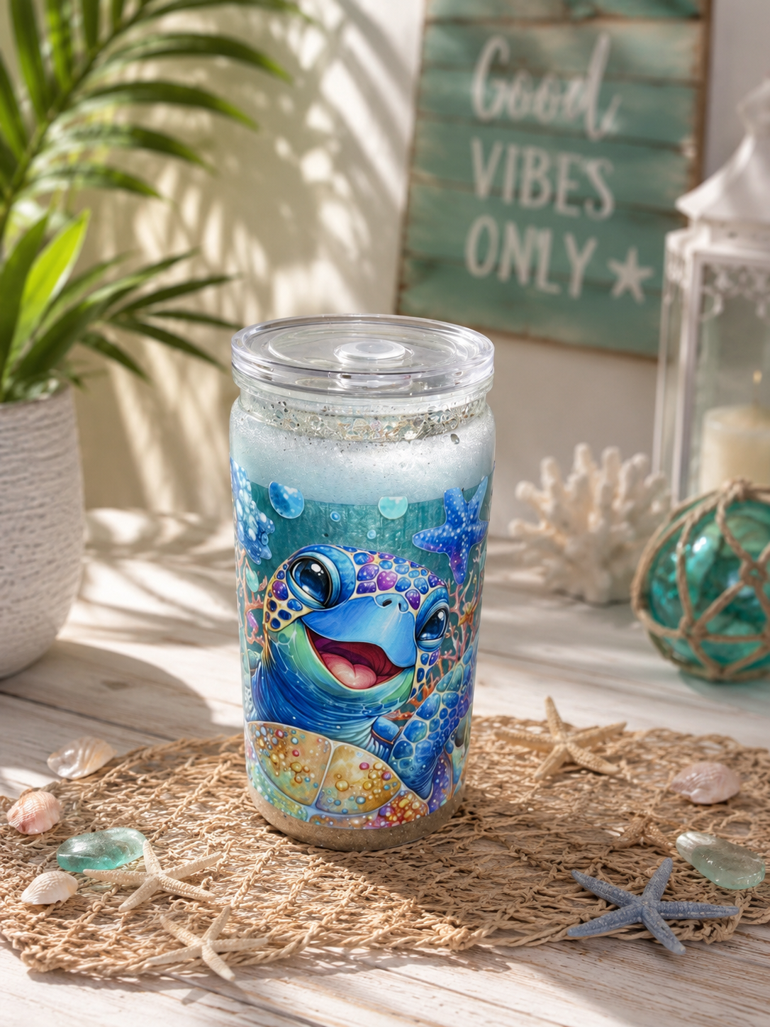 🌊 Turtle Tide GlitterSip™ | 16 oz Beach Flow Snow Globe Tumbler 🐢✨
