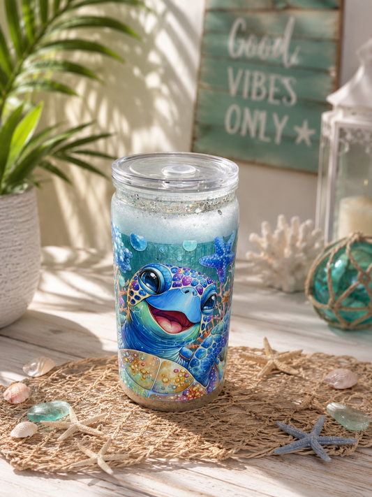 🌊 Turtle Tide GlitterSip™ | 16 oz Beach Flow Snow Globe Tumbler 🐢✨