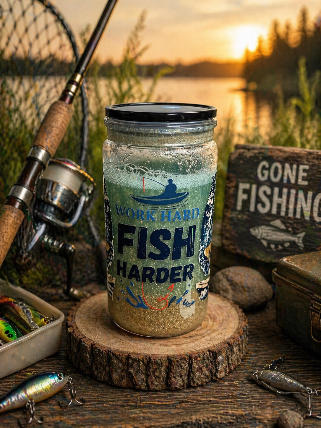 “Work Hard, Fish Harder™ Lake Life Glitter Globe Tumbler”