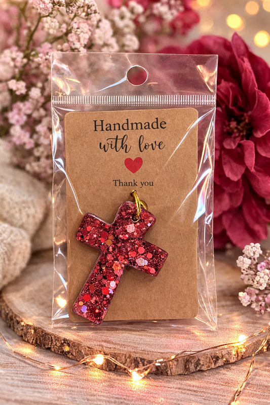 Crimson Sparkle Cross Resin Keychain – Handmade Faith Charm