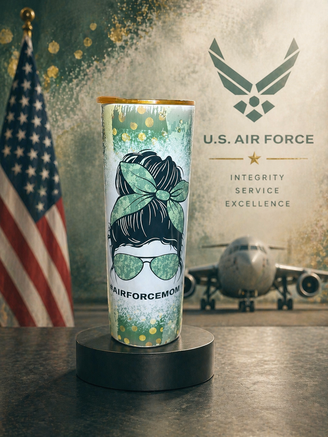 “Airman’s Pride” 20oz Stainless Steel Tumbler | Gold Lid Edition
