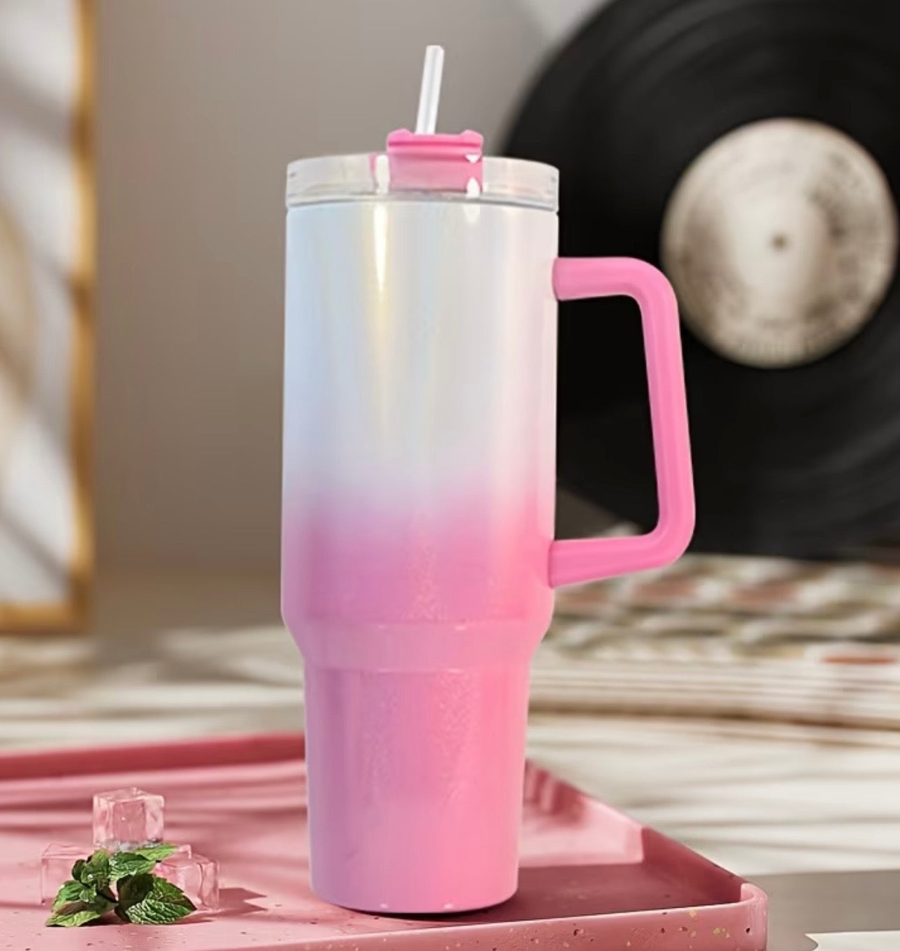 MegaSip ColorFusion Handle Tumbler – 40oz Stainless Steel Thermal Travel Cup with Straw & Lid