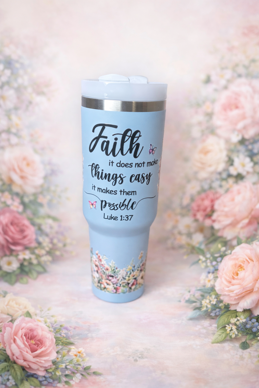 Mega Sip™ Faith & Flowers 40oz Stainless Steel Baby Blue 