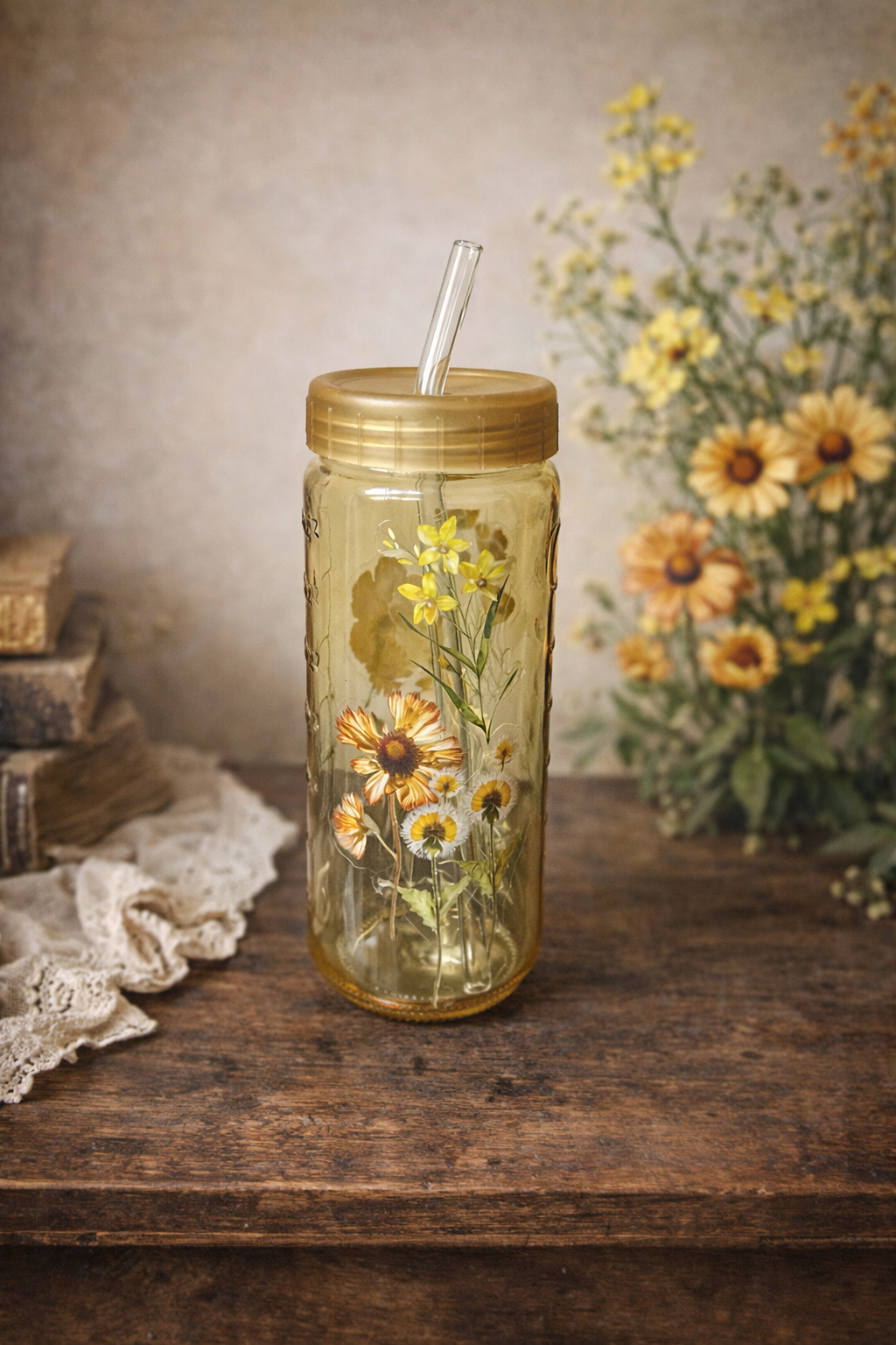 Press & Pour™ Vintage Garden Juicer Glass with Measurements & Straw