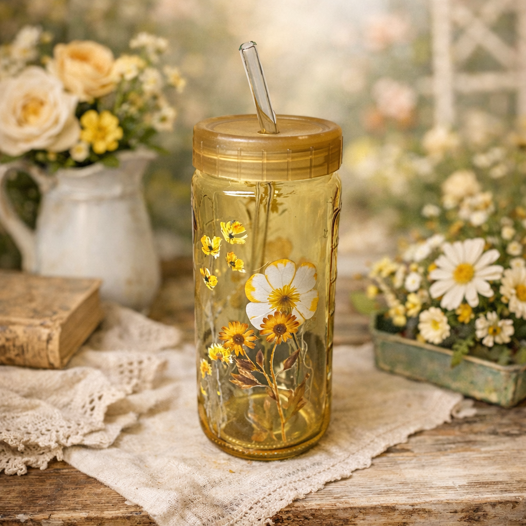 Press & Pour™ Vintage Garden Juicer Glass with Measurements & Straw