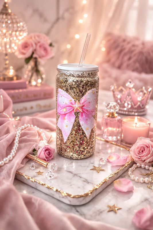 Princess Bow GlitterSip Snow Globe Can Tumbler – 16 oz Acrylic