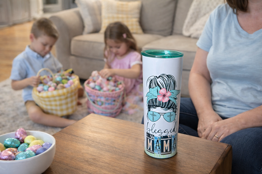 Blessed Mama 20oz Tumbler | Faith Inspired Mom Cup with Teal Jelly Lid