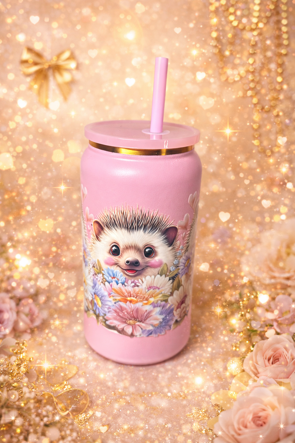 “Petal Prickle” 16 oz Golden Pop Tumbler – Sweet Hedgehog Edition