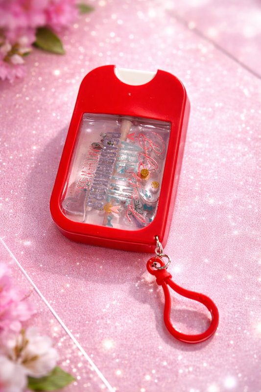 “Blush Bloom Glow ✨ Front + Back Confetti Charm Travel Sanitizer | Lavender-Infused • Refillable • Clip-On Cutie”