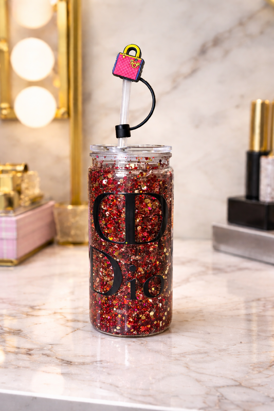 “Crimson Couture Sip ✨ – Designer-Inspired Glitter Snow Globe Tumbler”