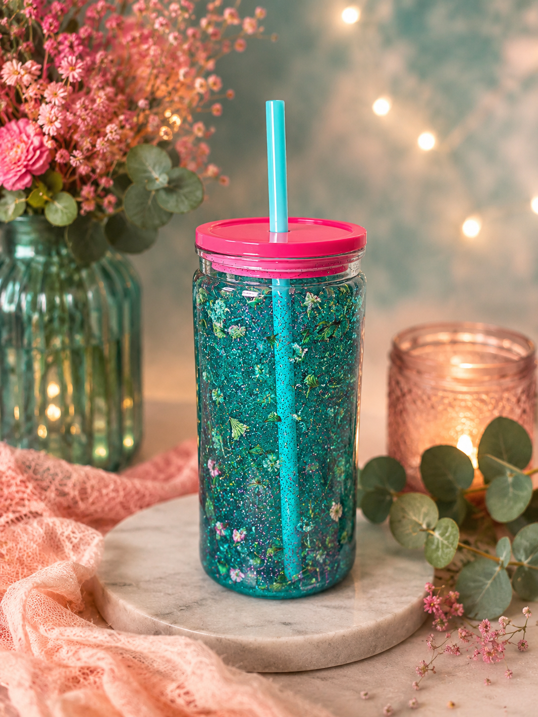 🌿 Garden Glow GlitterSip™ – 16 oz Acrylic Snow Globe Tumbler 🌿