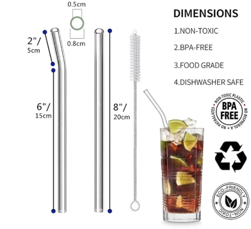 Reusable Glass Straws, 8"x8mm